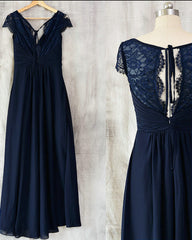 Wedsing Dress Styles, Navy Blue Chiffon with Lace A-line Long Bridesmaid Dress, Wedding Party Dress