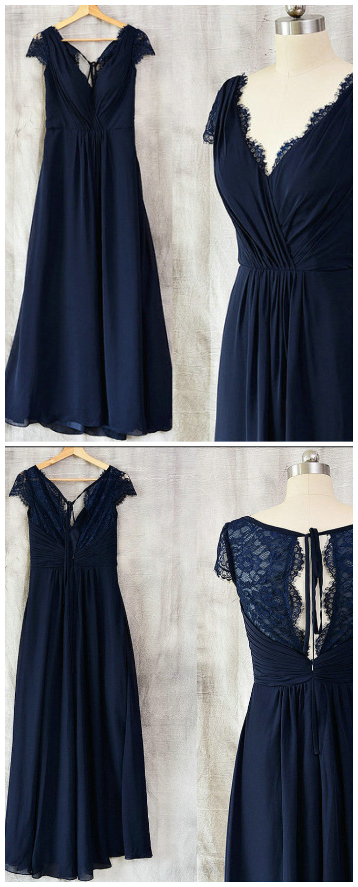 Wedding Dresses Style, Navy Blue Chiffon with Lace A-line Long Bridesmaid Dress, Wedding Party Dress