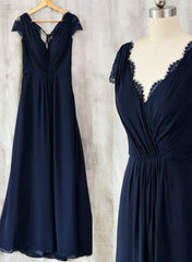Wedding Dress Styled, Navy Blue Chiffon with Lace A-line Long Bridesmaid Dress, Wedding Party Dress