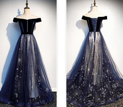 Bridesmaid Dress Inspiration, Navy Blue Floral Off Shoulder Velvet and Tulle Prom Dress, Blue Party Dress Formal Dress