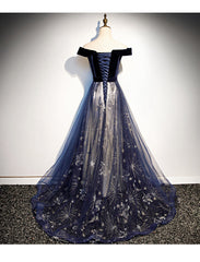 Bridesmaid Dress Idea, Navy Blue Floral Off Shoulder Velvet and Tulle Prom Dress, Blue Party Dress Formal Dress