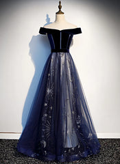 Bridesmaid Dresses Inspiration, Navy Blue Floral Off Shoulder Velvet and Tulle Prom Dress, Blue Party Dress Formal Dress