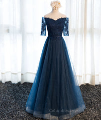 Evening Dress Stunning, Navy Blue Half Sleeves Lace Long Prom Dresses, Navy Blue Lace Formal Dresses