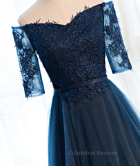 Evening Dresses Stunning, Navy Blue Half Sleeves Lace Long Prom Dresses, Navy Blue Lace Formal Dresses