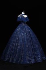 Quince Dress, Navy Blue High Neckline Tulle with Lace Formal Dress, Navy Blue Ball Gown Sweet 16 Dress