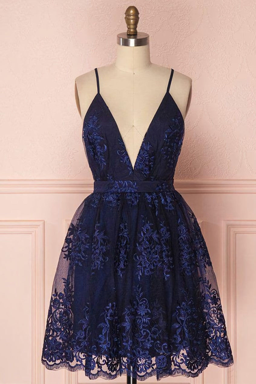 Prom Dresses Designs, Navy Blue Homecoming Dress, Homecoming Dress with Appliques