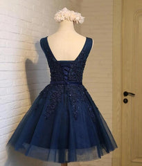 Formal Dresses Long, Navy Blue Knee Length Homecoming Dresses, V-neckline Short Formal Dresses