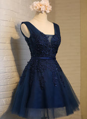 On Piece Dress, Navy Blue Knee Length Homecoming Dresses, V-neckline Short Formal Dresses
