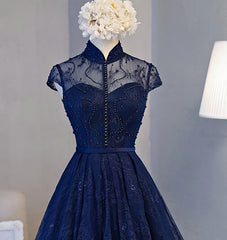 Prom Dress Ideas, Navy Blue Knee Length Lace Party Dress, Homecoming Dress