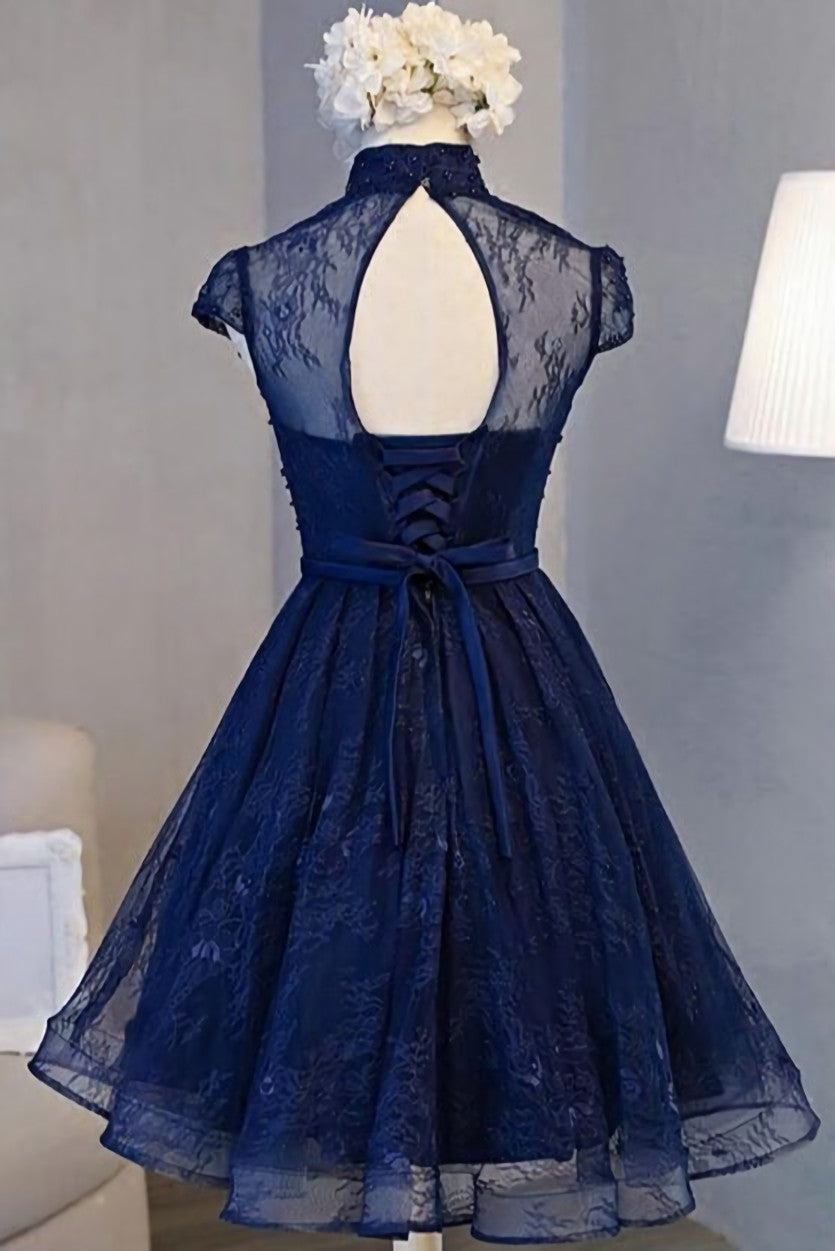 Prom Dress Blue, Navy Blue Knee Length Lace Party Dress, Homecoming Dress