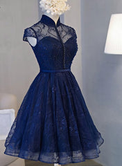 Winter Formal Dress Short, Navy Blue Knee Length Lace Party Dress, Homecoming Dress