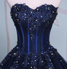 Party Dress For Summer, Navy Blue Lace Applique Tulle Long Party Dress, Blue Formal Gown