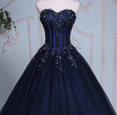 Party Dresses For Summer, Navy Blue Lace Applique Tulle Long Party Dress, Blue Formal Gown
