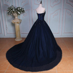 Party Dresses For Teenage Girls, Navy Blue Lace Applique Tulle Long Party Dress, Blue Formal Gown