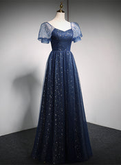 Pretty Prom Dress, Navy Blue Long Off Shoulder A-line Prom Dress, Blue Formal Dress