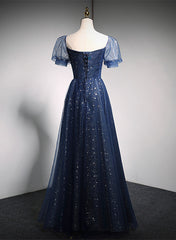 Fall Wedding Ideas, Navy Blue Long Off Shoulder A-line Prom Dress, Blue Formal Dress