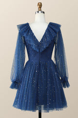 Bridesmaid Dresses Lavender, Navy Blue Long Sleeves Stars and Sequins Ruffle Dress
