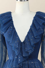 Winter Wedding, Navy Blue Long Sleeves Stars and Sequins Ruffle Dress