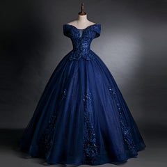 Formal Dresses Elegant, Navy Blue Off Shoulder Ball Gown Tulle with Lace Sweet 16 Gown, Quinceanera Dresses