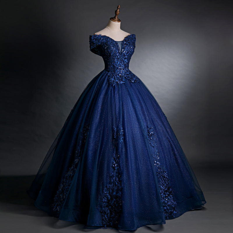 Formal Dress Online, Navy Blue Off Shoulder Ball Gown Tulle with Lace Sweet 16 Gown, Quinceanera Dresses