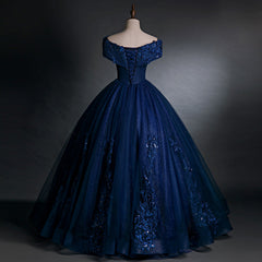 Formal Dresses Ideas, Navy Blue Off Shoulder Ball Gown Tulle with Lace Sweet 16 Gown, Quinceanera Dresses