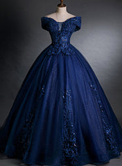 Formal Dresses Gowns, Navy Blue Off Shoulder Ball Gown Tulle with Lace Sweet 16 Gown, Quinceanera Dresses