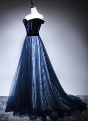 Debutant Dress, Navy Blue Off Shoulder Long Party Dress, Long Prom Dress