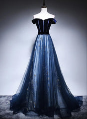 Prom Inspo, Navy Blue Off Shoulder Long Party Dress, Long Prom Dress