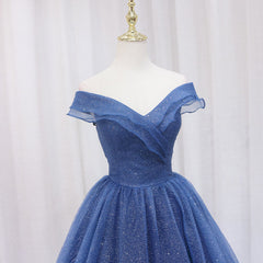 Evening Dress Long, Navy Blue Off Shoulder Shiny Tulle Floor Length Prom Dress, Blue Prom Dress
