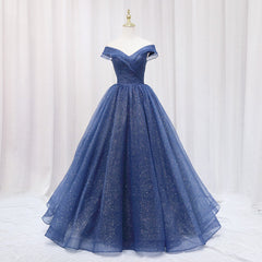 Club Dress, Navy Blue Off Shoulder Shiny Tulle Floor Length Prom Dress, Blue Prom Dress