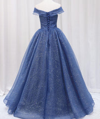 On Shoulder Dress, Navy Blue Off Shoulder Shiny Tulle Floor Length Prom Dress, Blue Prom Dress