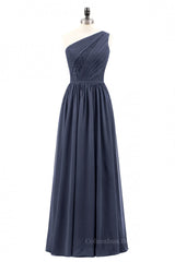 Prom Dress Affordable, Navy Blue One Shoulder A-line Chiffon Long Bridesmaid Dress