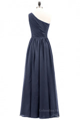Prom Dress Vintage, Navy Blue One Shoulder A-line Chiffon Long Bridesmaid Dress