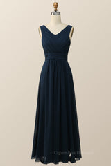 Formal Dress Shops, Navy Blue Pleated Chiffon A-line Long Bridesmaid Dress