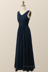 Formal Dresses Shop, Navy Blue Pleated Chiffon A-line Long Bridesmaid Dress