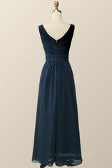 Formal Dress Shopping, Navy Blue Pleated Chiffon A-line Long Bridesmaid Dress