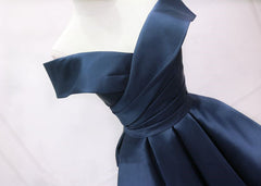 Best Prom Dress, Navy Blue Satin Off Shoulder Bridesmaid Dress Party Dress, Short Prom Dress
