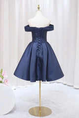 Prom Dresses Sleeves, Navy Blue Satin Off Shoulder Knee Length Party Dress, Navy Blue Homecoming Dress