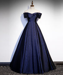 Bridesmaid Dresses Websites, Navy Blue Satin Off Shoulder Long Prom Dress, Blue A-line Formal Dress, Evening Dress