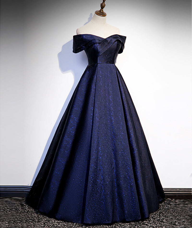 Bridesmaid Dress Website, Navy Blue Satin Off Shoulder Long Prom Dress, Blue A-line Formal Dress, Evening Dress