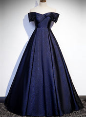 Bridesmaid Dress Websites, Navy Blue Satin Off Shoulder Long Prom Dress, Blue A-line Formal Dress, Evening Dress