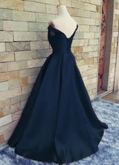 Formal Dress Idea, Navy Blue Satin Sweetheart A-line Handmade Formal Dress, Blue Long Prom Dress