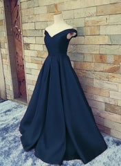 Formal Dress Wedding, Navy Blue Satin Sweetheart A-line Handmade Formal Dress, Blue Long Prom Dress