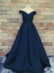 Formal Dress Ideas, Navy Blue Satin Sweetheart A-line Handmade Formal Dress, Blue Long Prom Dress