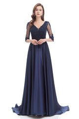 Prom Dresses With Long Sleeves, Navy Blue Satin V-neck Short Sleeve Beading Prom Dresses