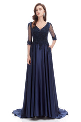 Prom Dress Casual, Navy Blue Satin V-neck Short Sleeve Beading Prom Dresses