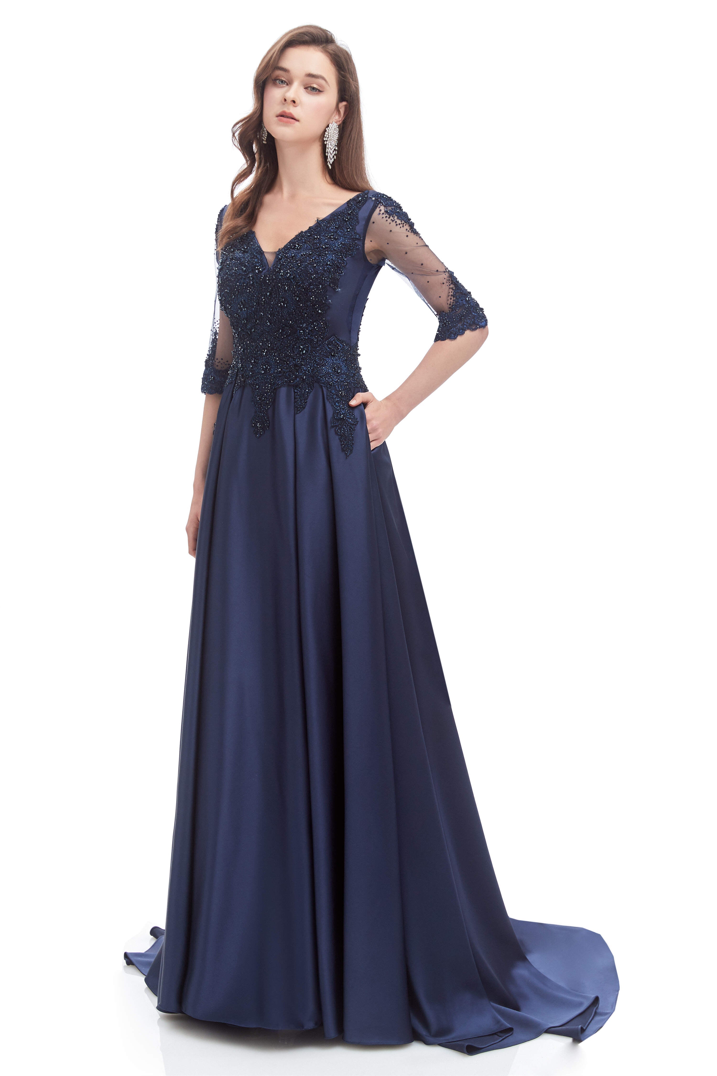 Prom Dresses Sale, Navy Blue Satin V-neck Short Sleeve Beading Prom Dresses