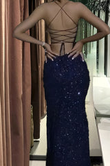 navy blue sequin long prom dresses mermaid cross back evening party dresses  
