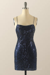 Bridesmaide Dresses Fall, Navy Blue Sequin Pattern Tight Mini Dress