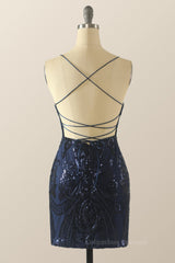 Bridesmaid Dress Fall, Navy Blue Sequin Pattern Tight Mini Dress